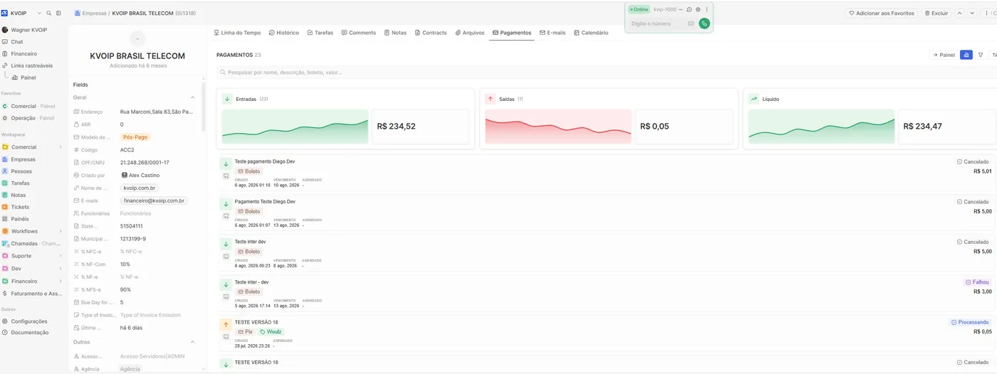 Tela de gestão de empresa no CRM com contas a pagar e receber, boletos e Pix