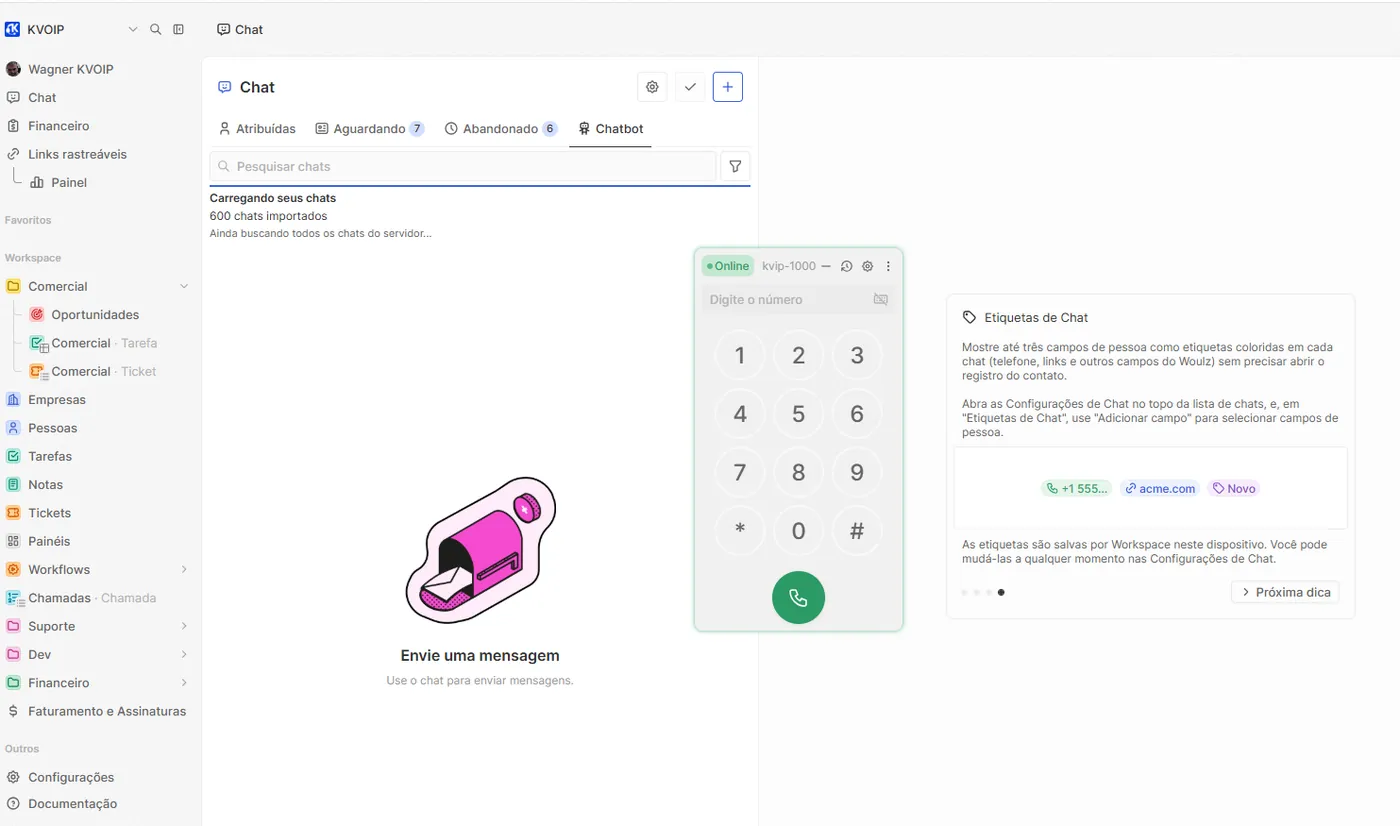 CRM omnichannel com chat, WhatsApp e softphone do PABX na mesma tela